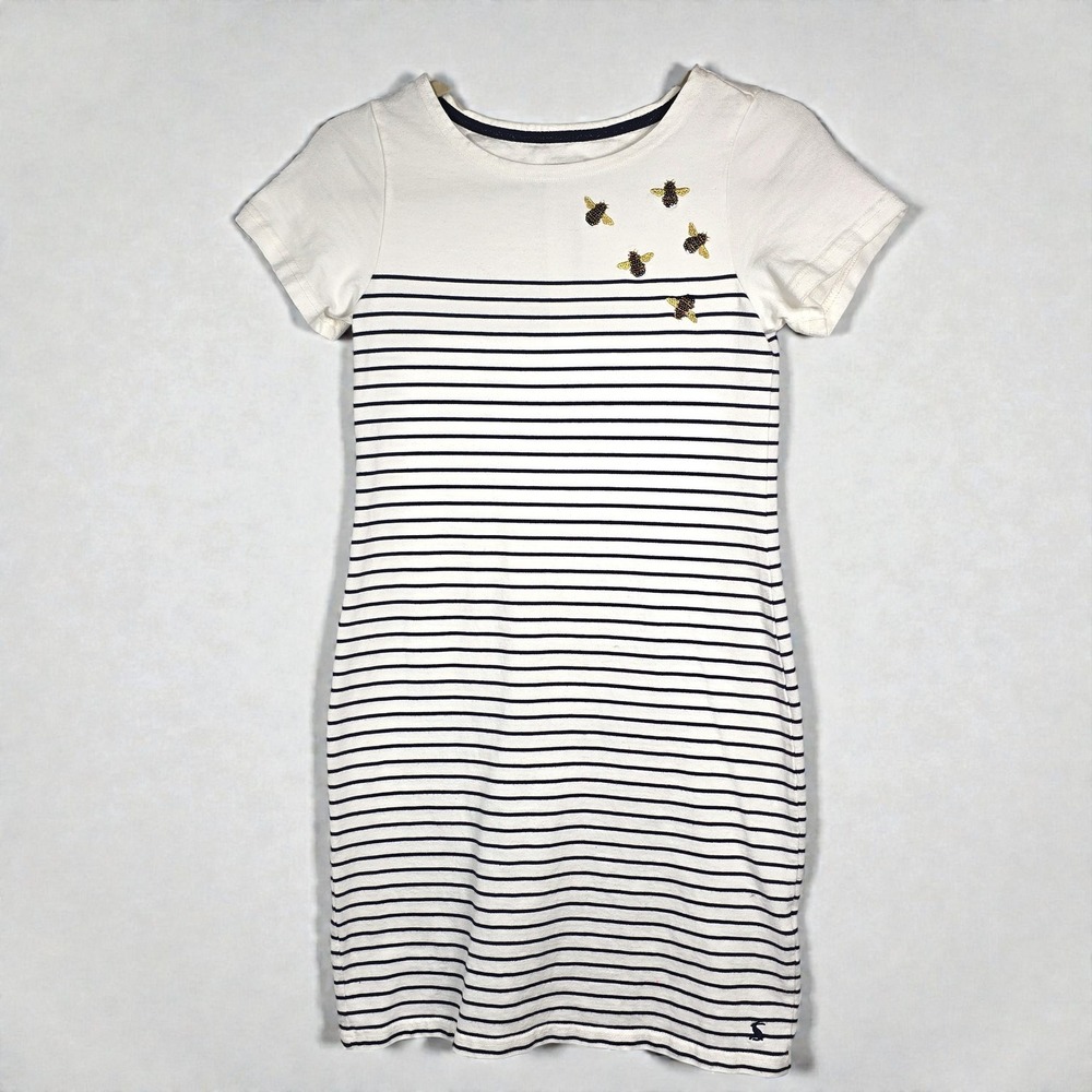 Joules Dress Woman Size 2 Striped Navy White Beaded Bees Applique Cotton NWOT